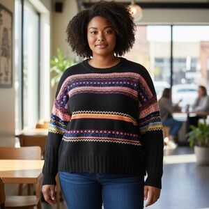 Easel Black Cozy Grandma Core Chic  Multicolor Patterned Sweater Size 1X